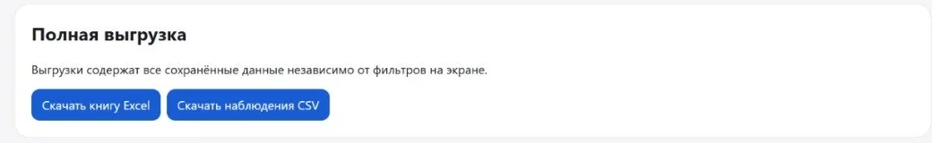 Реальный экран выгрузки данных в Excel и CSV